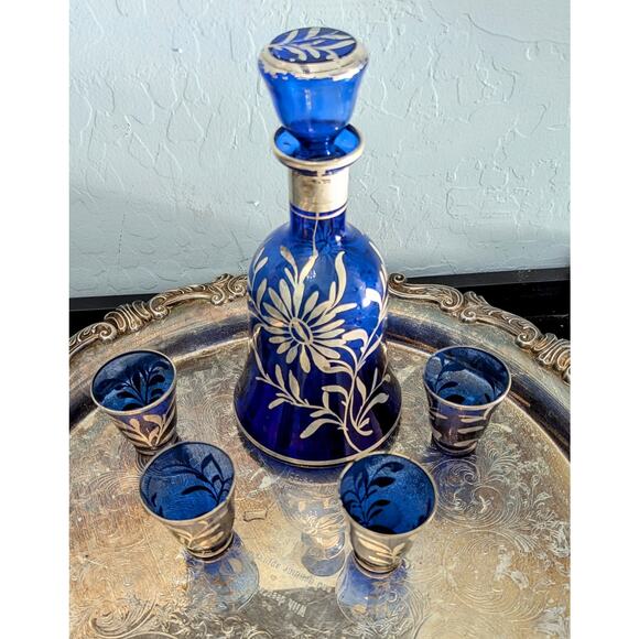 Vintage Napco Cobalt Blue Glass Decanter Sterling Silver Overlay 4 Glasses Set - Picture 1 of 6